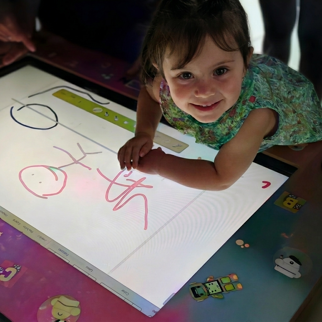 Niña utilizando mesa táctil interactiva de La Clase Digital para aprendizaje lúdico